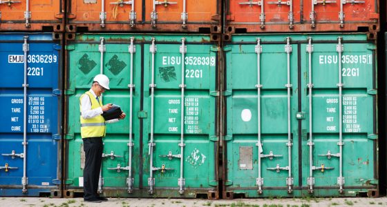 A cargo inspector with marine insurance expertise is standing and reviewing cargo containers ready for loading
