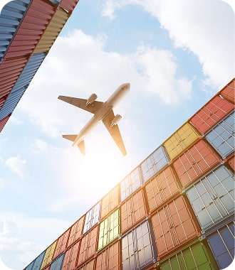Shipping yard with plane above